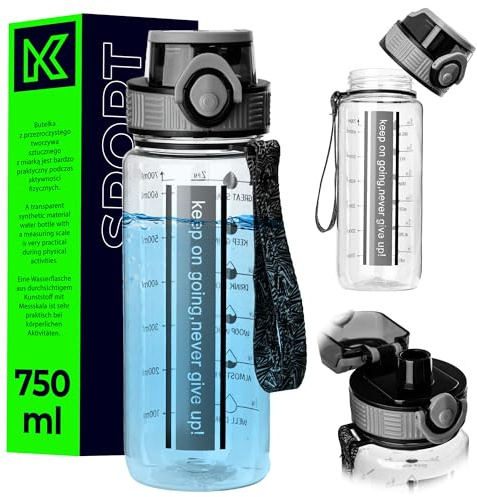 KADAX Water Bottle 750 ml, Leak-Proof Water Bottle Made of BPA-Free Tritan, Reusable Sports Bottle with Flip Lid, Carry Handle and Time Marking (Black)