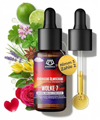 NORDHOLZ® Ätherische Öle [Mischung] Wolke 7 15ml [Naturrein] – Zart & himmlisch-floral – uftöl In höchster Pharmaqualität – Vegan, Laborgeprüft – Sauna, Diffusor & Aromatherapie