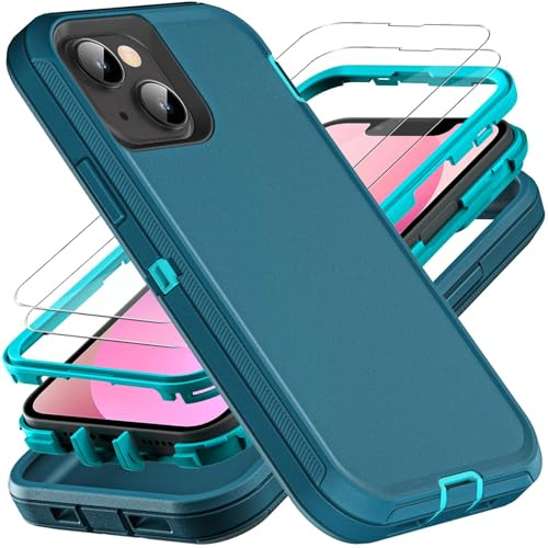 YmhxcY for iPhone 13 Mini Case, Military Grade 3 in 1 Heavy Duty Shockproof/Drop Proof/Dust Proof Case with 2Pcs Tempered Glass Screen Protector (Blue/Turquoise)