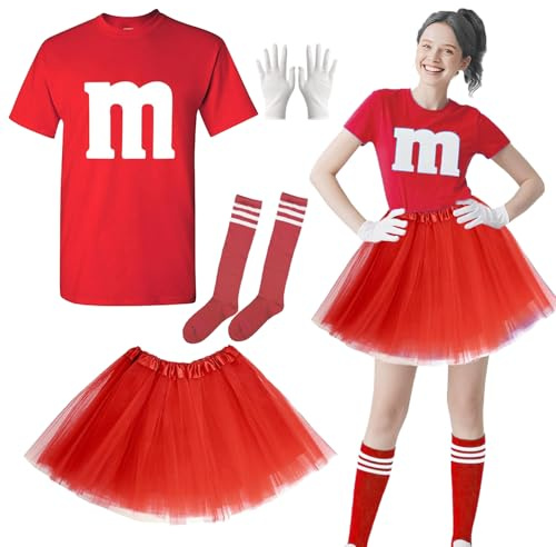 Costume de carnaval pour femme, T-shirt imprimé M avec gants tutu et chaussettes rayées, M Costume de carnaval de groupe imprimé, pour les Carnavals,Carnavals et Soirées à Thème,Halloween (Rouge, XL)