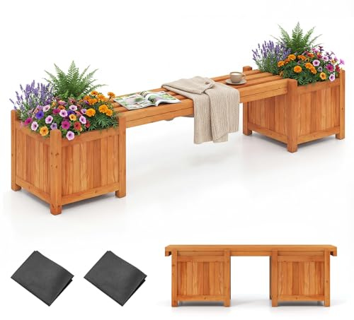 COSTWAY Blumenkasten mit Gartenbank, Holzbank mit 2 seitlichen Pflanzkästen, 2-Sitzer Sitzbank aus Massivholz, Bank Outdoor, für Garten, Balkon und Terrasse, Orange (169 x 35 x 35 cm)