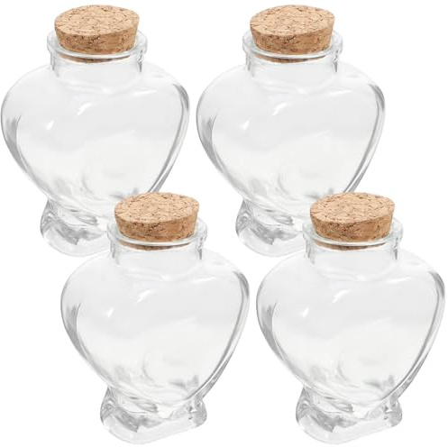 Herzförmige Wunschflaschen 4 Stück aus Glas mit Korken | Klarglas, Holzverschluss, Kleine Glasgefäße für Basteln und Feiern, Abschlussfeier