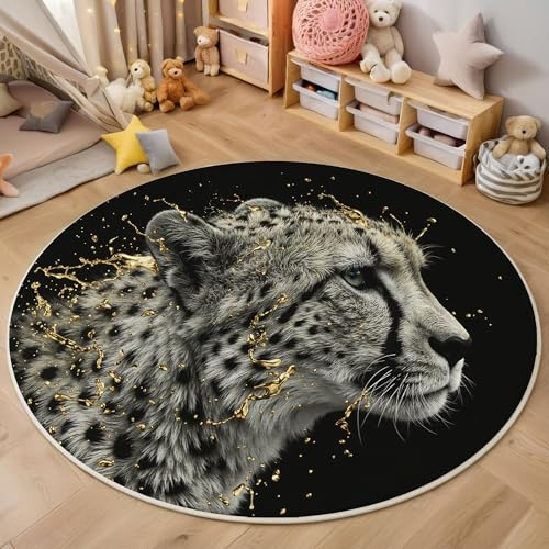 Teppich Rund Ø 180cm, Weich Flauschiger rutschfest Schwarz Teppich, Waschbar Gepard Flüssig Bedruckter Kreativer Fotostil Runder Teppiche, für Wohnzimmer Schlafzimmer Kinderzimmer