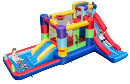 GYMAX Kids Bouncy Castle, Inflatable Jumping House with 2 Slides, Climbing Wall, Ball Pit Area and Basketball Hoop, 480 x 325 x 210cm Children Bounce Playhouse for Outdoor Indoor