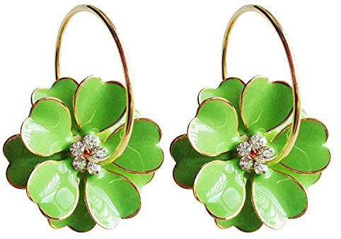 Navachi - Orecchini a cerchio placcati in oro 18 kt, con fiore smaltato (diametro 3 cm) e 18ct base metallo placcato oro, colore: Verde chiaro, cod. HB6-2461-4