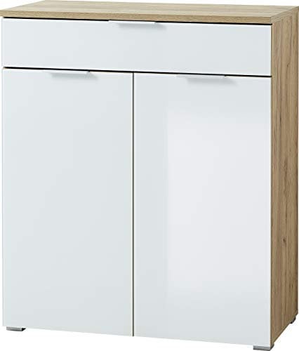 Germania Kommode 3981-242 GW-TELDE, in Navarra-Eiche-Nb./Weiß, Fronten aus Glas, 89 x 105 x 40 cm (BxHxT)