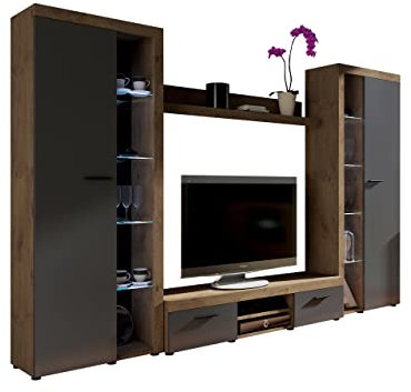 Wohnwand Rango XL, Modernes Wohnzimmer Set, Design Anbauwand, Schrankwand, Mediawand, Vitrine, TV Lowboard, (Lefkas Eiche/Graphit, mit weißer LED Beleuchtung)