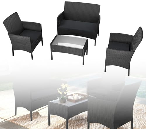UISEBRT Juego de muebles de balcón – Juego de muebles de jardín de polirratán con sofá de 2 plazas, mesa, sillas individuales y cojines de asiento antracita, color negro
