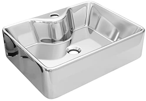 vidaXL Waschbecken mit Wasserhahnloch Aufsatzwaschbecken Waschtisch Waschplatz Handwaschbecken Waschschale Badezimmer 48x37x13,5cm Keramik Silbern