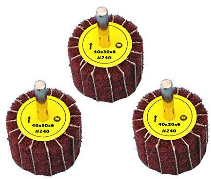 3 Stück Fächerschleifer mit Vlies-Gewebekombination 40mmx30mm, 6mm Einspannschaft, Körnung: 240 - Schleifmopstift, Lamellenschleifer, Schleifmop Schleifvlies, Lamellenrad mit Schaft.