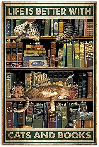 Aperiy Metallschild The Life of A Book Lover is Due to Books and Cat, Wanddekoration, Poster, 20,3 x 30,5 cm, dekorative Schilder und Tafeln