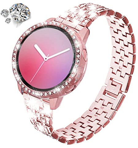 DEALELE Armband Kompatibel mit Samsung Galaxy Watch Active 2 40mm / 44mm, Glizter Diamant Legiertes Metall Uhrenarmband mit Schutzhülle Ersatz für Herren Damen (40mm, Rose pink)