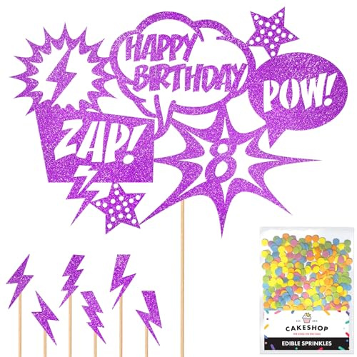 Personalised Superhero Comic Pow! Zap! Glitter Cake Topper- Purple Any Custom Age Glitter Cake Decoration and Sprinkles - Happy Birthday Decorations - Personalised Toppers for Cakes by Cakeshop