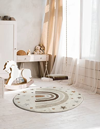 the carpet Beat Kids Moderner Weicher Kinderteppich, Weicher Flor, Pflegeleicht, Farbecht, Regenbogen Muster, Creme, 120 cm Rund