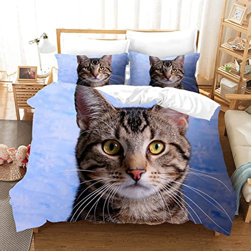ZHIZAI BettwäSche 135x200 Blau Getigerte Katze Mikrofaser Bettwäsche + 1 Kissenbezug 80x80cm - Mit Reisverschluss BettwäSche Flauschig - Geeignet FüR Erwachsene Und Kinder
