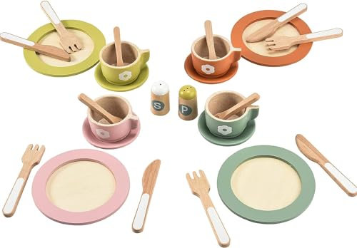 Giant bean 27 PCS Wooden Toy Plates and Dishes for Kitchen Set, Role Play Toys for Girls and Boys, Kids Kitchen Accessories