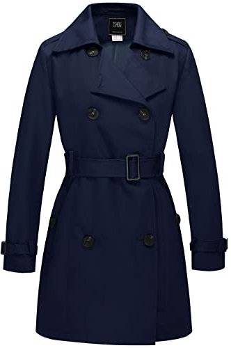 Wantdo Femme Trench-Coat à Double Boutonnage Veste Coupe-Vent à Fermeture Boutonnée Manteaux Ceinturés Mi-Longue Poignets Réglables Épaulettes Marine 12
