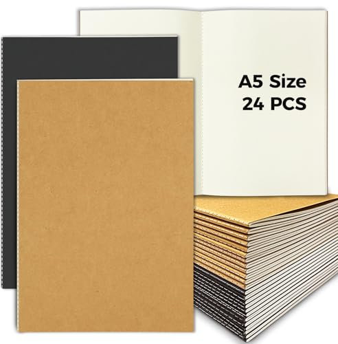 DWIYITTN Notizbuch A5 Blanko, 24 Stück Kraft Cover Notizblock Skizzenbuch Set 30 leere Blatt Notizhefte Unliniert Heft für Kinder Schüler Büro Schule Geschenk - Schwarz und Braun