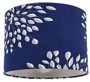 Modern 10inch Navy Midnight Blue Drum Lampshade with Off-White Floral Decoration in Jacquard Cotton Fabric | 18cm x 25cm | Silver Satin Lining by Happy Homewares