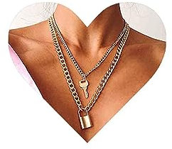Allereya Gold Lock Layered Padlock Necklace, 50cm, Women & Girls, Yellow Gold, Punk Cuban Chain, Love Lock Key Pendant, Adult, Women of all ages, Necklace