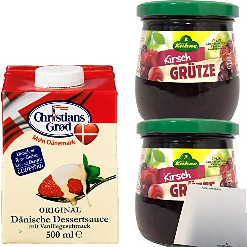 Kühne Rote Kirsch Grütze (2x375g) Glas + Dessert-Sauce mit Vanillegeschmack (1x500ml Pack) + usy Block