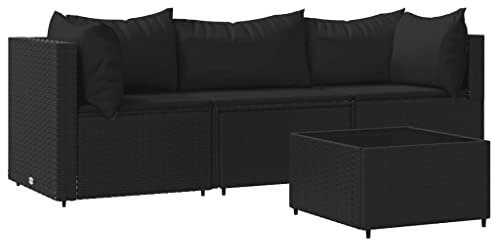 vidaXL Garten Lounge Set 4-TLG., Gartenmöbel Set mit Kissen, Sitzgruppe für Garten Terrasse, Modular Sofa Garnitur Loungemöbel, Schwarz Poly Rattan
