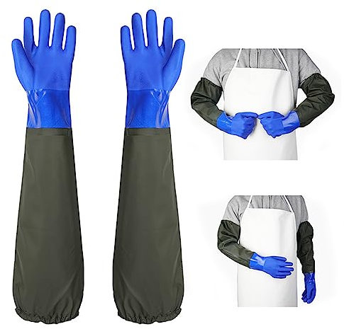 Roysmart Guanti da laghetto lunghi, impermeabili, resistenti alle soluzioni acide e alcaline, guanti in poliuretano, resistenti agli acidi e agli alcali, blu