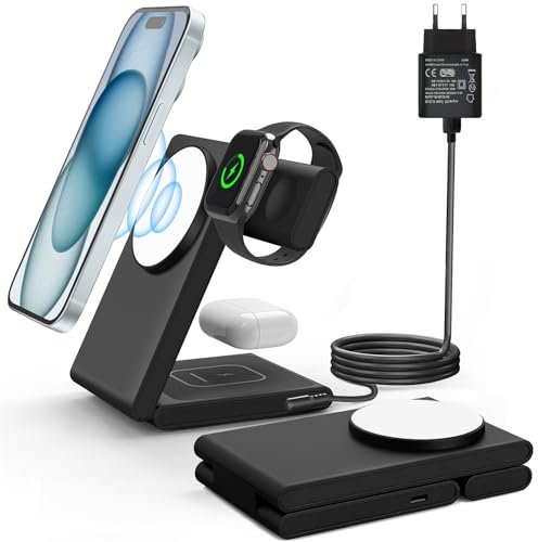 YORABO Induktive Ladestation Kompatibel mit Magsafe, 3 in 1 Faltbar Ladestation für iPhone 16/15/14/13/12, Wireless Charger für Apple Watch 10/9/8/7/6/5/4/3/2/SE und AirPods 3/2/Pro, 18V