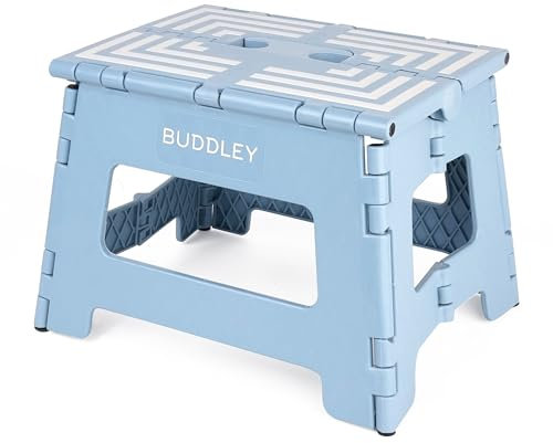 BUDDLEY Tritthocker klappbar – 23 cm hoher Tritt mit Anti-Rutsch-Design - Tragfähigkeit bis 99 kg - Klapphocker - ideal für Küche, Bad, Garage & Camping (Blau/M)