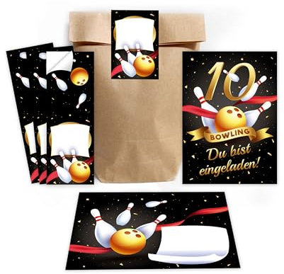 Minkocards 12 Einladungskarten zum 10. Kindergeburtstag Bowling Kegeln Mädchen Jungen Einladungen zehnte Geburtstag incl. 12 Umschläge, 12 Partytüten/natur, 12 Aufkleber Einladungsset