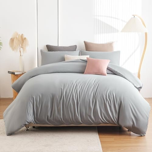 Soifox King Size Duvet Cover Set - Grey Bedding Set Kingsize Bed with Zipper Closure, Soft Microfiber Duvet Cover with 2 Pillowcases, Gray
