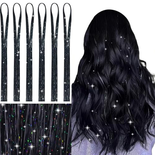 WENNALIFE Hair Tinsel, Schwarz 120CM Haar Lametta 1200 Glitzer Haarsträhnen Kit Glitzersträhnen für Haare Festival Party Haar Glitzer Tinsel Hair Fairy Hair für Mädchen