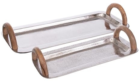 Brandsseller Lot de 2 plateaux de service rectangulaires en aluminium avec poignées en bois - Assiettes décoratives - Argenté - 40 x 20 cm et 55 x 23 cm