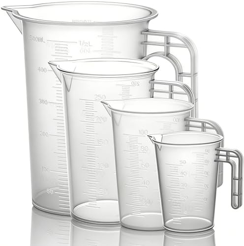 NVQVQ 4-Pack Precision Measuring Cup Set (500ml/250ml/100ml/50ml) - Transparent Small Cup with Handle, Heat-Resistant for Lab, Kitchen & Garden