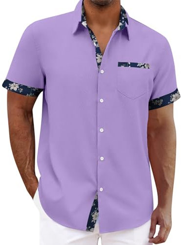 Chemise Homme Lin Chemise sans Repassage Chemise Homme Manches Courtes Chemise Hawaienne Homme Chemise Homme Ete Tee Shirt Homme Rose Chemisette Homme Manche Courte Chemise Violet XL