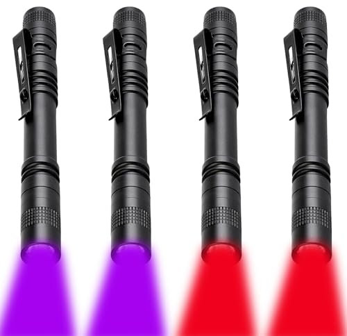 MODOAO High Power LED Pen Flashlights, 4 Pack Red Black Light LED Torch, Waterproof Handheld Flashlights Pocket Compact Torch with Clip, for Camping, Night Vision, Fishing, Detector