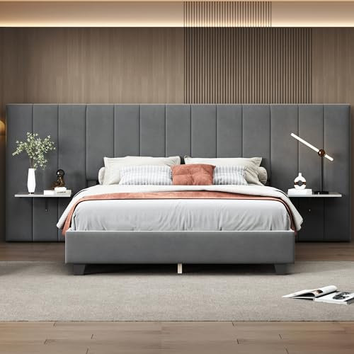 Moimhear Polsterbett 160 x 200 cm, Doppelbett mit verlängertem Kopfteil und Rückenlehne, mit Ablagen an beiden Seiten des Kopfteils, Jugendbett, Veloursstoff (Grau)