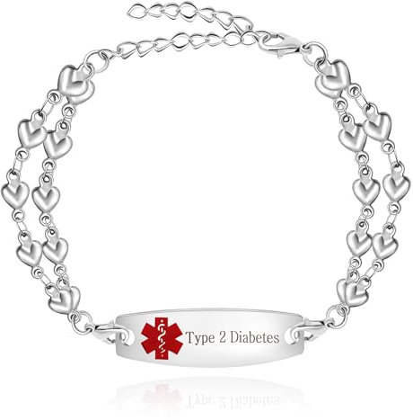 Zircobic Medizinisches Alarmarmband Graviertes Rotes Symbol ID Typ-2-Diabetes Pflegearmbänder mit Doppelkette Edelstahl Herren Damen 7,5+2 Verlängerung YA3989