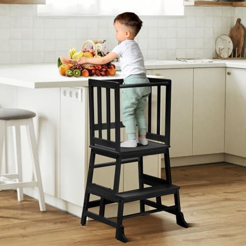 COSYLAND Toddler Kitchen Step Stool Tower - Nursery Step Stool for Kids Toddlers Children, Standing Tower for Kitchen Counter, Mothers' Helper Kids Learning Stool, Made of Natural Solid Bamboo Black