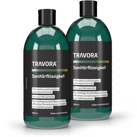 TRAVORA Sanitärflüssigkeit für Campingtoilette - biologisch abbaubarer Toilettenzusatz Wohnmobil 2x 1L - Sanitärzusatz für effektive Zersetzung von Fäkalien und Bekämpfung unangenehmer Gerüche