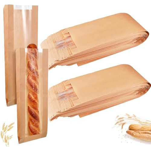 ZILAMGOO 100 Disposable Kraft Paper Baguette Bread Bags with Clear Window, 4.3 x 1.5 x 23.2 Inch, Fold Top Closure