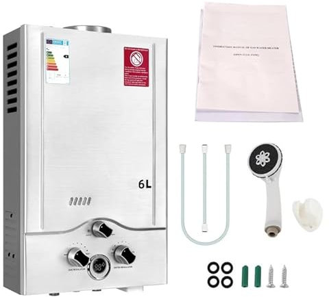 Scaldacqua a gas propano GPL 6/8L, scaldabagno istantaneo senza serbatoio 12kw con kit doccia, bruciatore per caldaia per campeggio, camper, casa, con nucleo in rame e display a LED (6L)