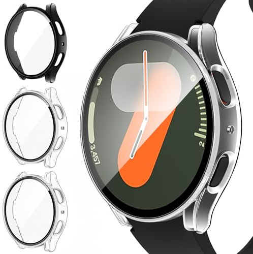 ivoler 3 Piezas Funda para Samsung Galaxy Watch 7 40mm (No para Samsung Galaxy Watch 7 44mm), Protección Completa Protector de Pantalla de Cristal Vidrio Templado Carcasa, 2 Transparente + 1 Negro