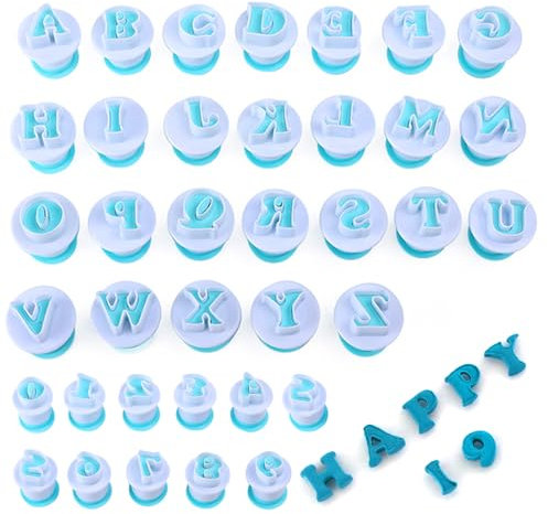 Lot de 36 emporte-pièces en forme de lettres pour fondant - Avec 1 spatule en silicone bleu ciel - Chiffres - Accessoires de pâtisserie - Alphabet - Accessoires de pâtisserie - Éjecteur