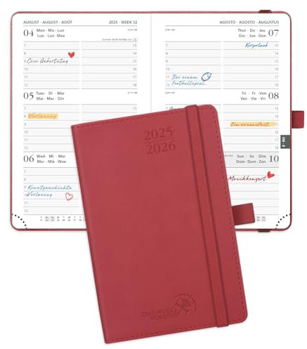 POPRUN Taschenkalender 2025 2026 Klein (Aug.2025-Dez.2026) Softcover mit PU-Leder, ca. A6 (16 x 10,5 cm), terminplaner 2025 2026 Klein 1 Woche 2 Seite mit Stiftschlaufe - Burgunderrot