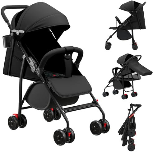 MUL-BOUTIQUE Kinderwagen mit kompaktem Gehstock, 0 – 36 kg, Reisekinderwagen mit Wattepads und Moskitonetz, Einkaufskorb mit Erweiterungsfunktion (2 G-schwarz, per Hand drücken)