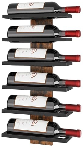Hoctieon Weinregal Wand, Flaschenregal mit 6 Ebenen, Holz Weinregal Hängend Weinflaschenregale Schwarz für Esszimmer, Weinkeller, Schlafzimmer
