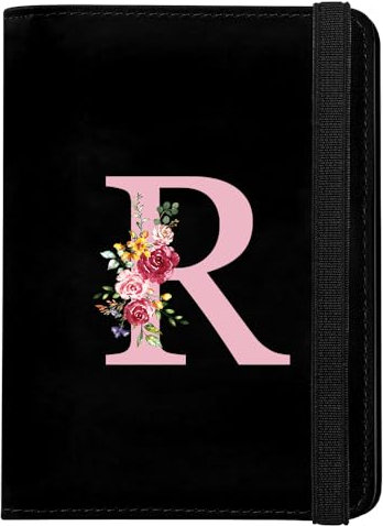 Porta Passaporto con Iniziale, Custodia Passaporto in Pelle PU, Copertina per Passaporto con Blocco RFID Porta Adatto per Carte d'Identità Carte di Credito, Biglietti Aerei, Passaporto Pass(Nero,R)