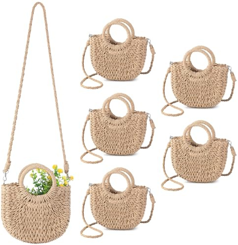Oudain Stroh-Geldbörsen für Damen, halbrunde Rattan-Taschen mit Griffen
