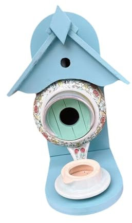 Ceramic Teapot Garden Hanging Bird Feeder, Outdoor Birdhouse with Wooden Frame, 12x11x22cm Bird Accessories for Small Parrots and Hummingbirds (Style A)
